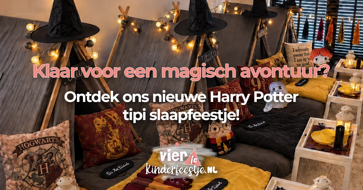 Boek een magisch Harry Potter slaapfeestje met tipi-tentjes, sfeerverlichting en betoverende decoraties. Bekijk het nieuwe thema!